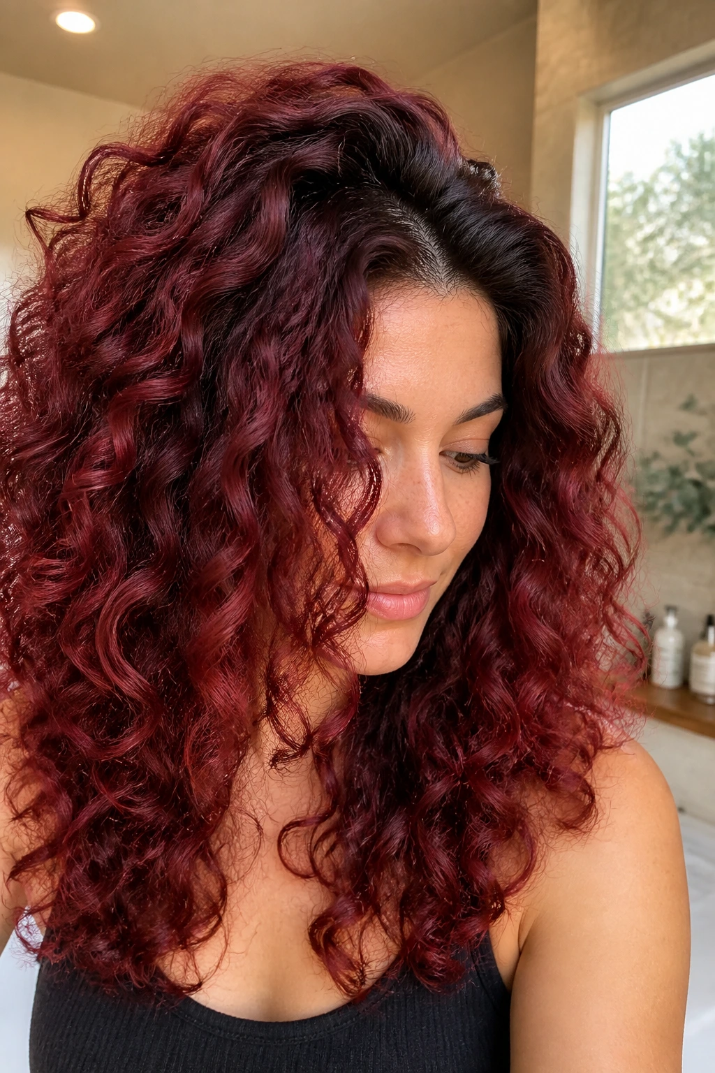 Close-up of plum-red shadow root on curly hair with color gradient at the scalp.