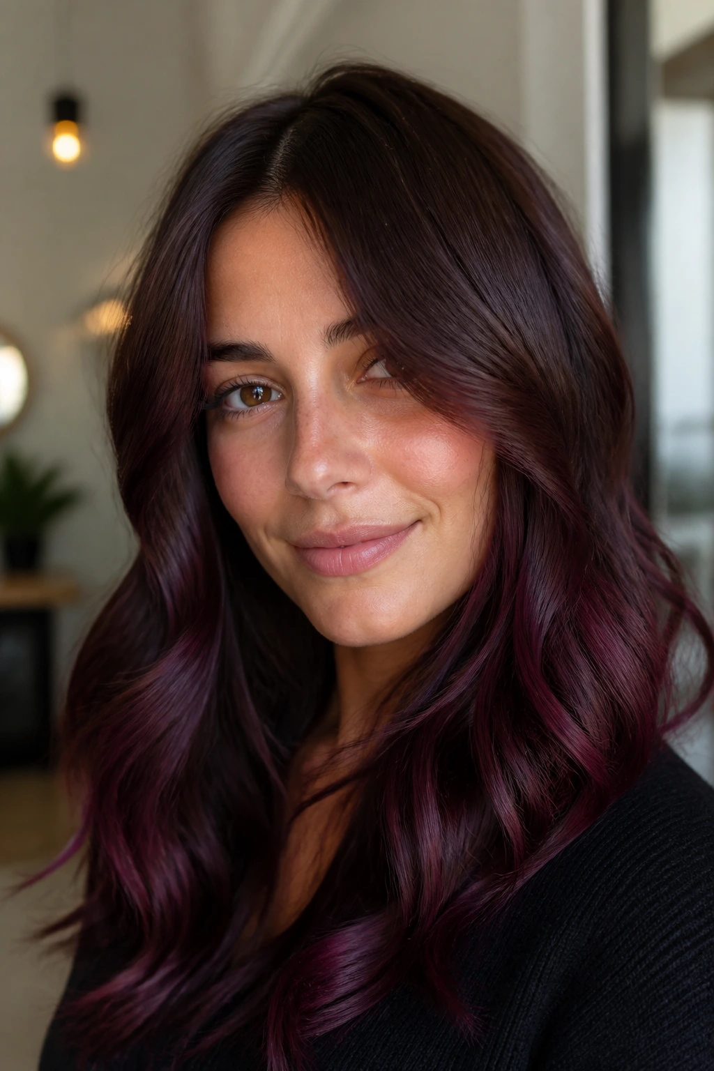 Close-up of brunette hair with plum-shadow accents and glossy finish framing the face.