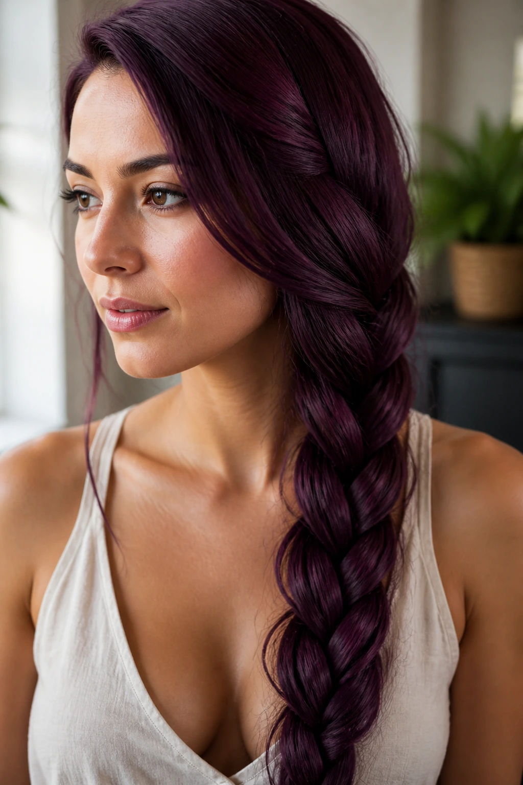 Close-up portrait of a woman with plum side-swept braid.