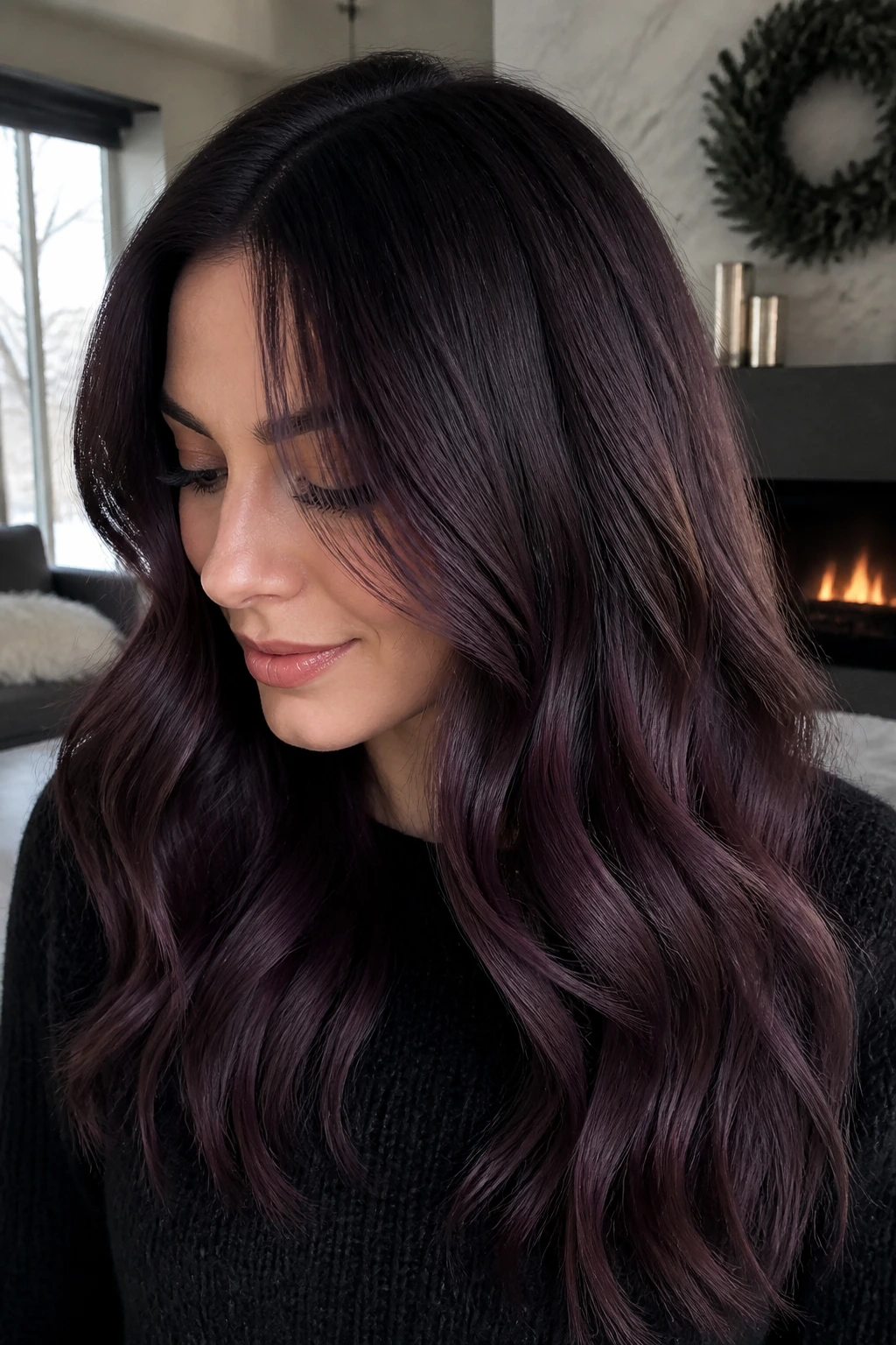 Close-up portrait of a real woman with plum smoke balayage on dark brunette hair.