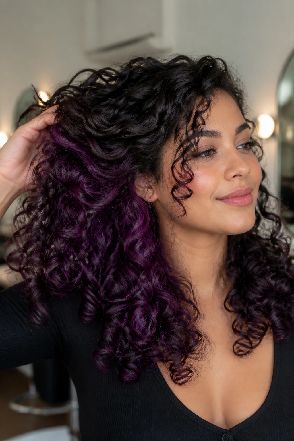 Plum underlights visible as curls swing on a real woman