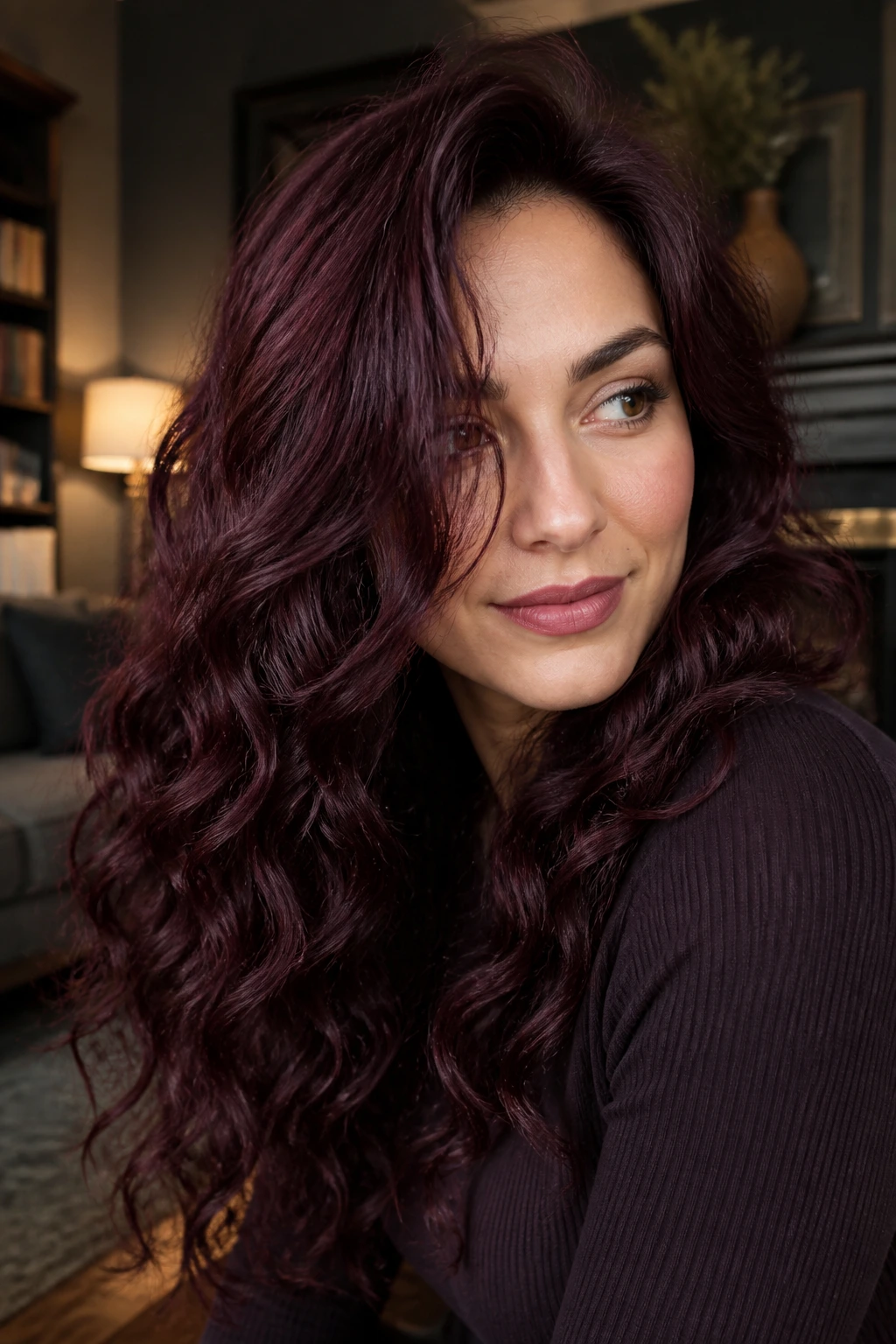 Close-up portrait of a real woman with Plum Velvet hair rich plum tones