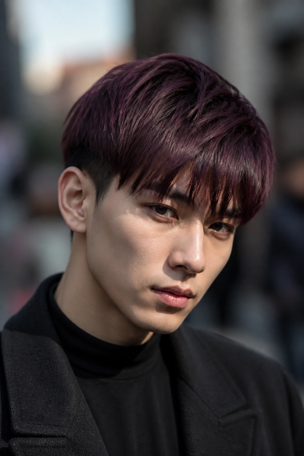 Close-up of a real person with plum wine fringe over the forehead