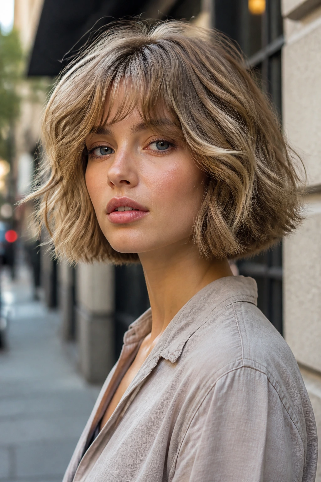 Portrait of a person with a plush, durable haircut in urban setting