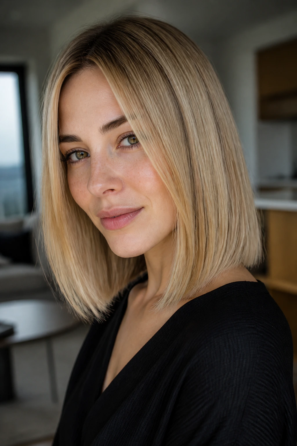 Close-up of a real woman with a lightly point-cut lob softening the hair edge