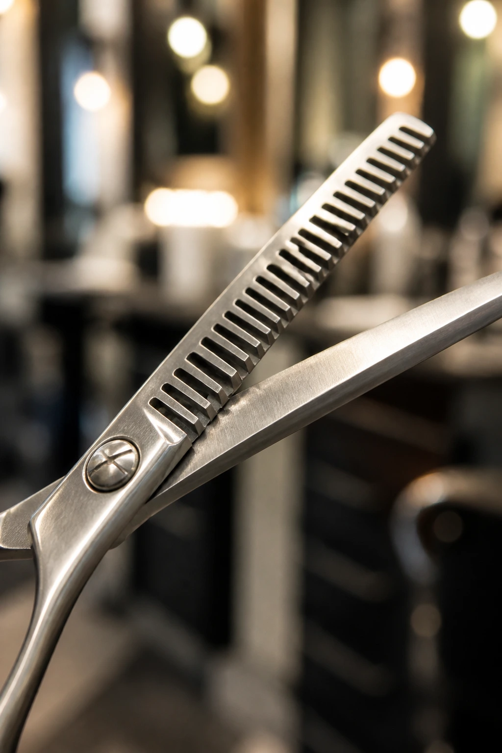 Macro close-up of point-cutting shears in a salon setting