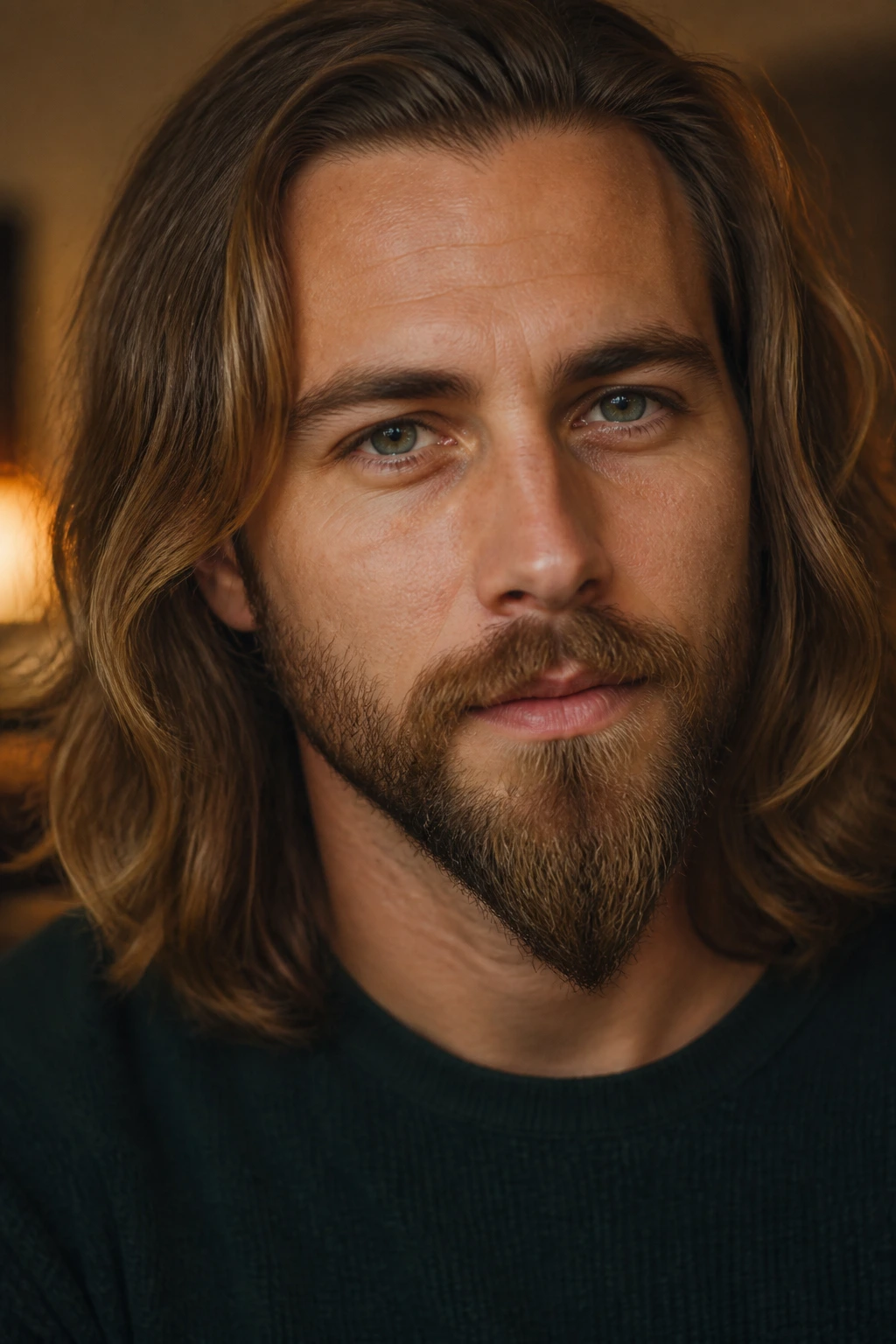 Close-up portrait showing a subtle tapered chin beard with a soft point.