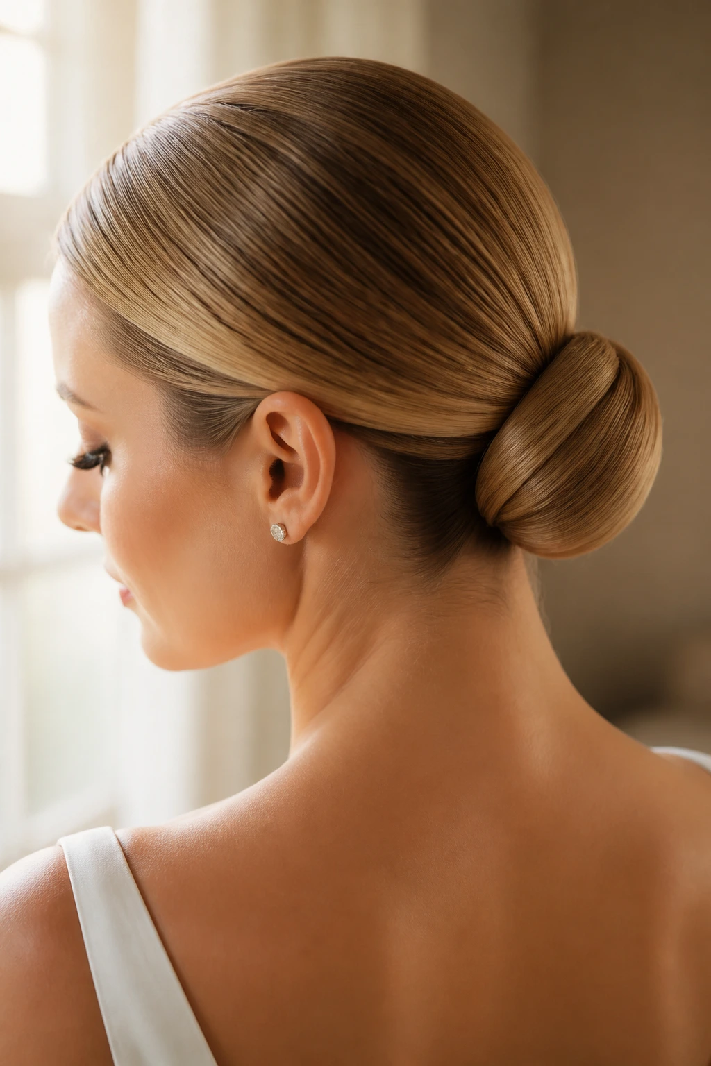 Close-up of a real woman with a polished ballet bun at the nape.