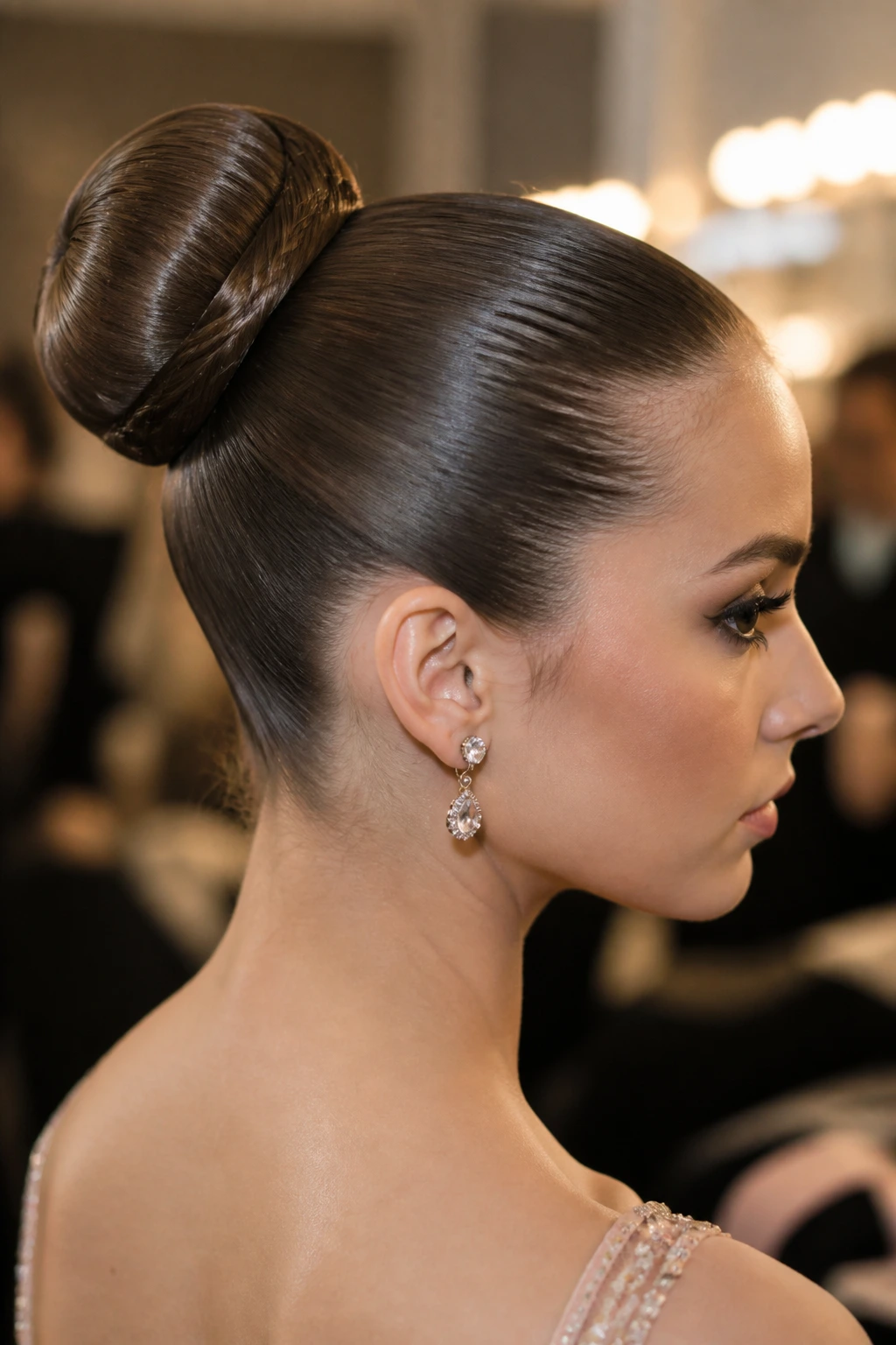 Close-up portrait of a woman with a polished ballet bun