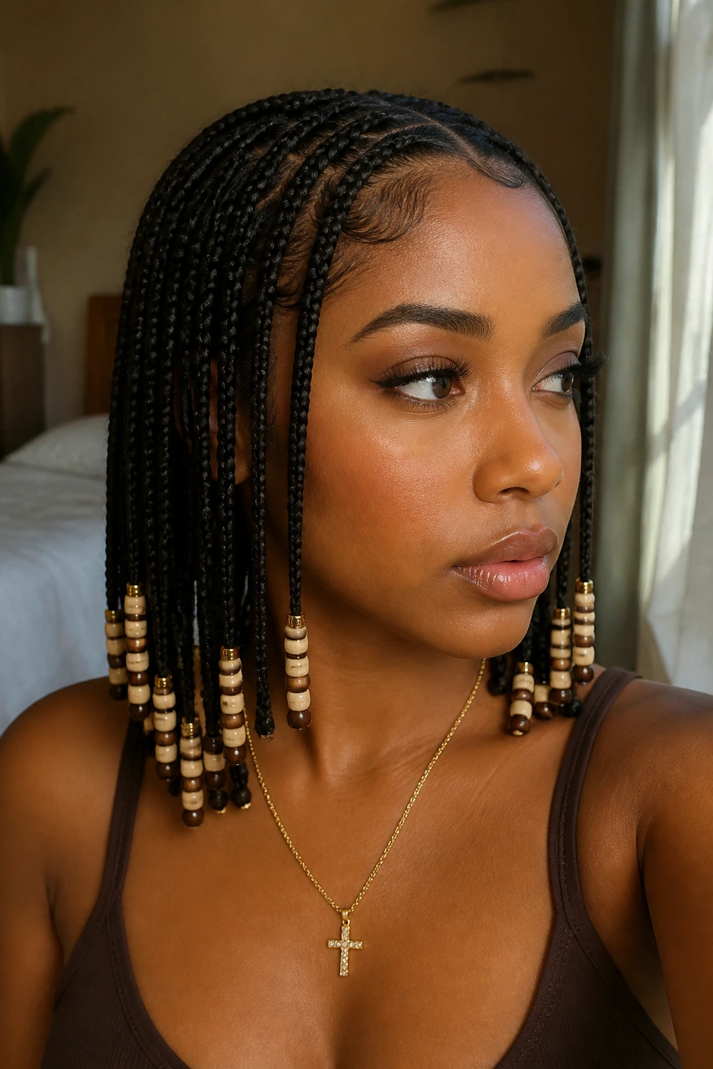 Close-up of a real woman with a polished beaded hairstyle featuring neat parts and bead ends.