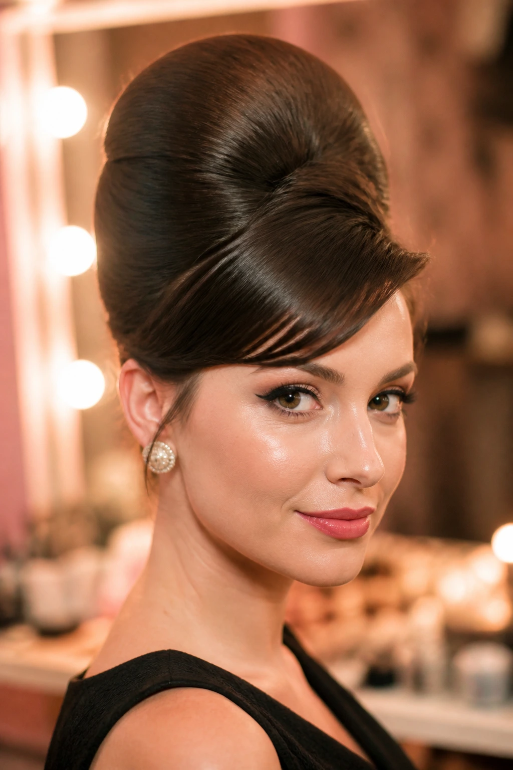 Real woman with a sharp, polished beehive crown in warm studio-like setting