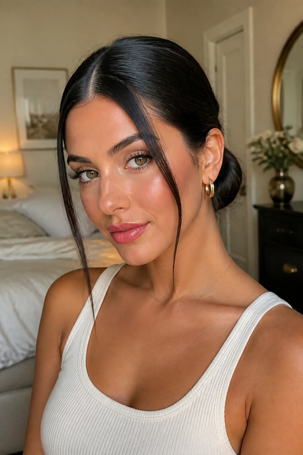 Close-up of a real woman with a polished birthday hairstyle featuring a clean part and face-framing strands