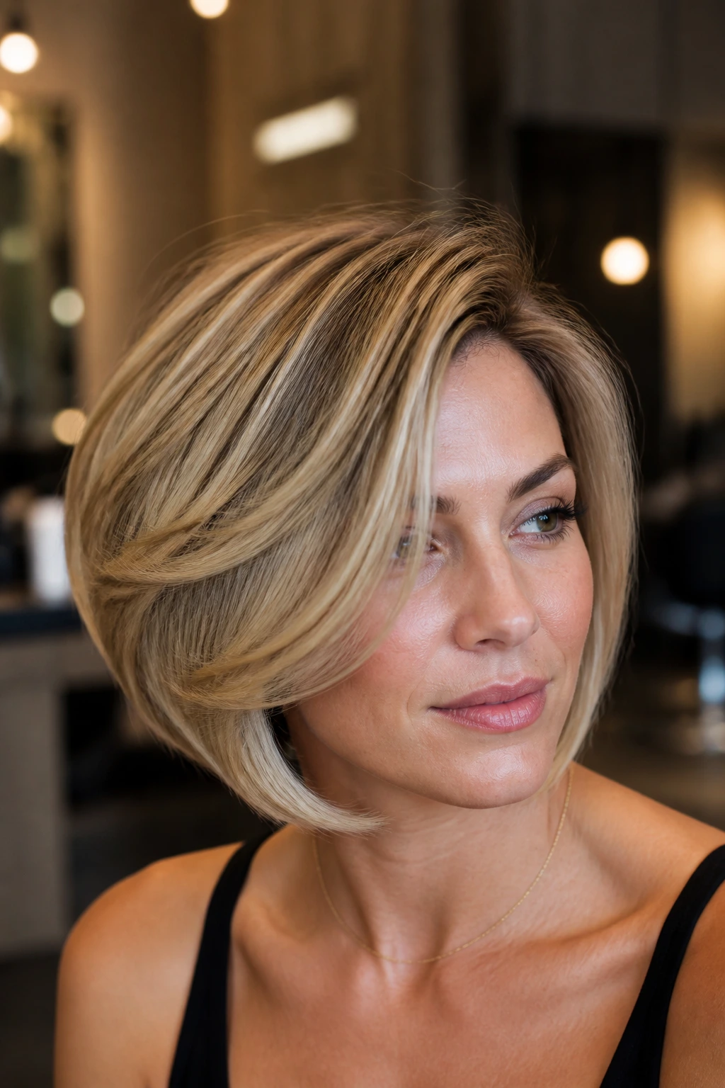 Close-up of a real woman with a polished blowout asymmetrical bob in a chic salon