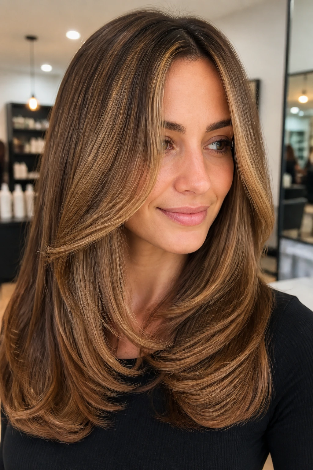 Close-up portrait of a real woman with a polished blowout and caramel highlights