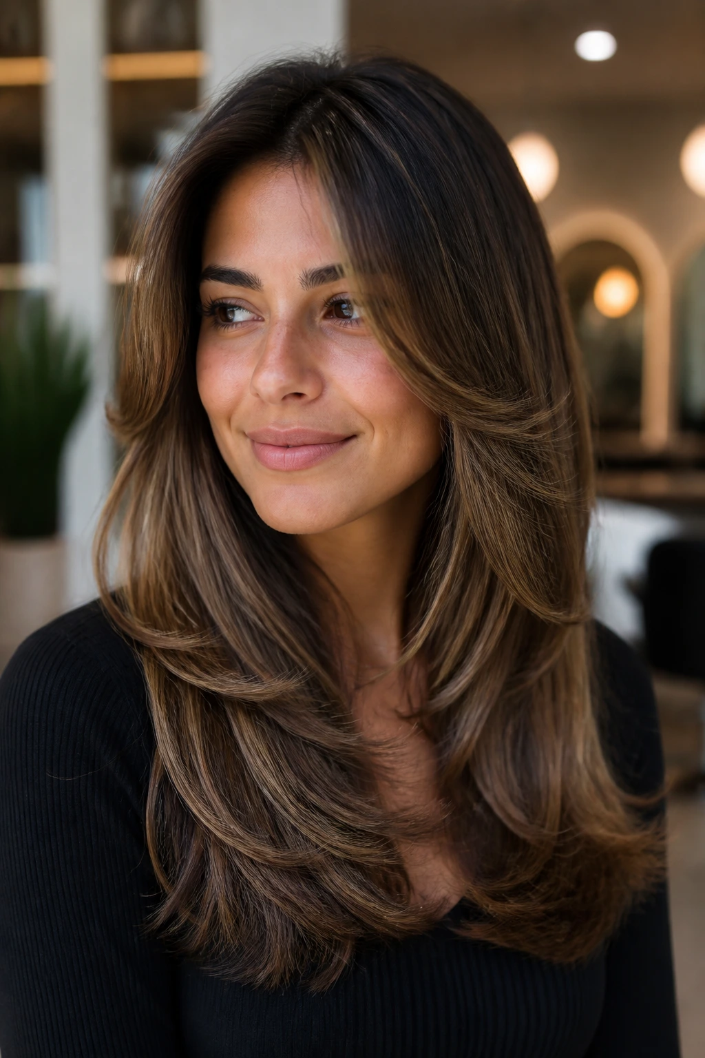 Close-up portrait of a woman with polished blowout layers under warm salon lighting