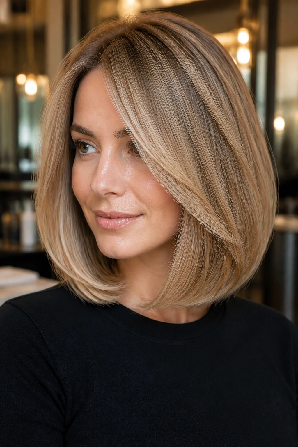 Close-up portrait of a real woman with a polished blowout lob and smooth arc at the ends.