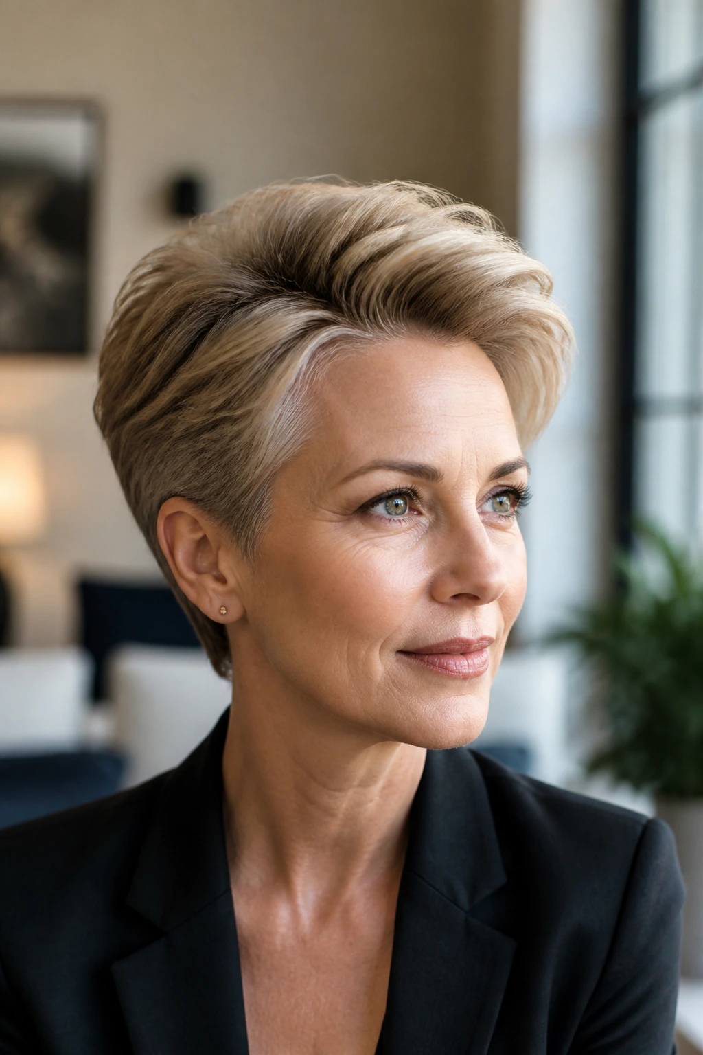 Portrait of a real woman with a polished blowout pixie hairstyle