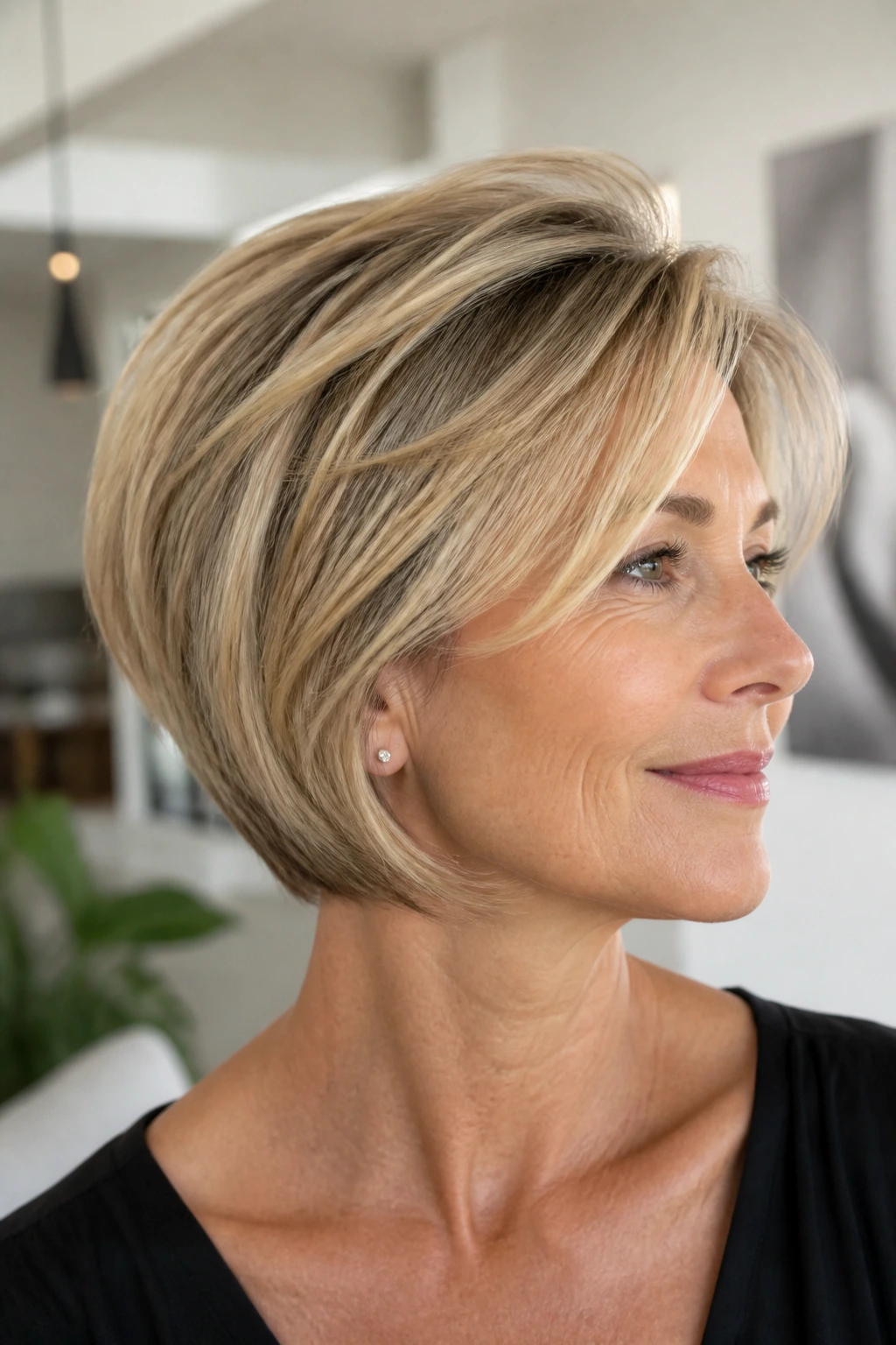 Real woman with polished blowout pixie bob in a bright interior.