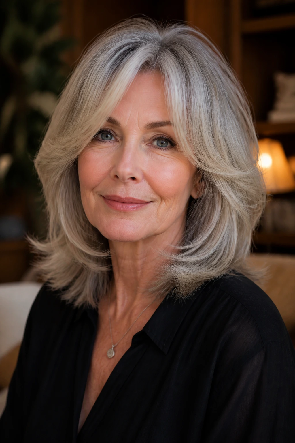 Close-up portrait of a real woman with polished blowout shag showing glossy ends and crown lift