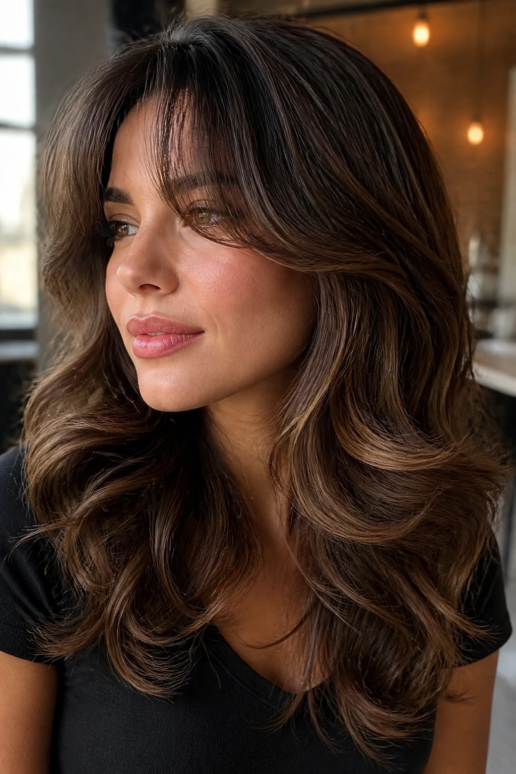 Close-up portrait of a real woman with polished blowout waves and bouncy curtain bangs in warm window light