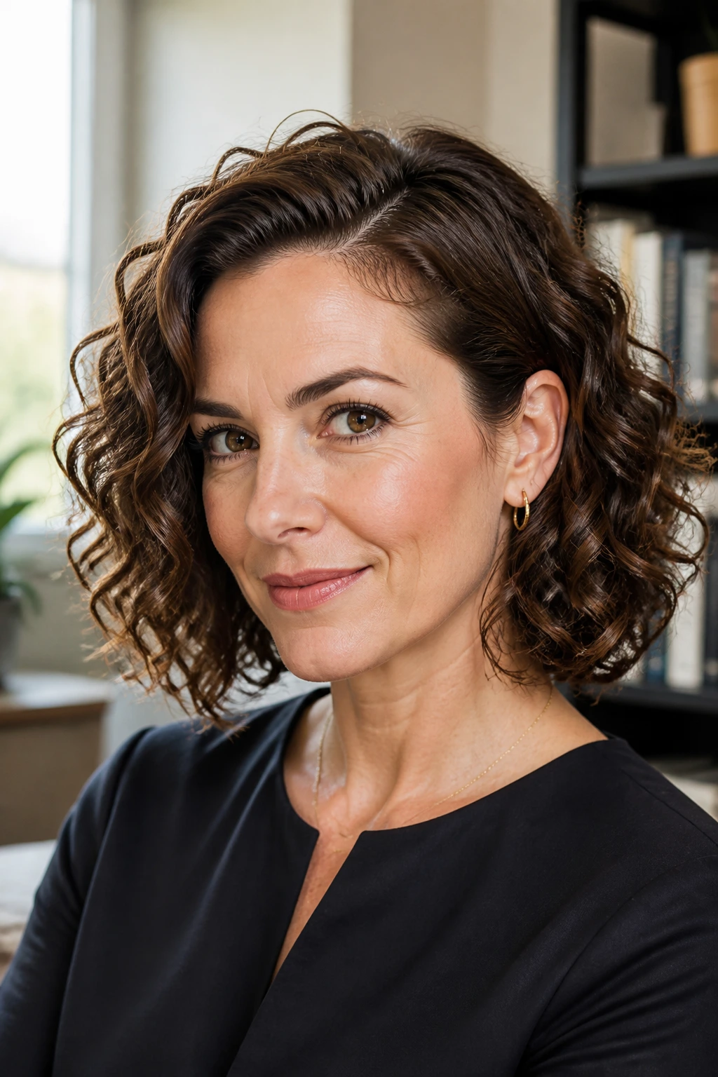 Close-up of a real woman with a polished shoulder-length curly bob in an office setting.