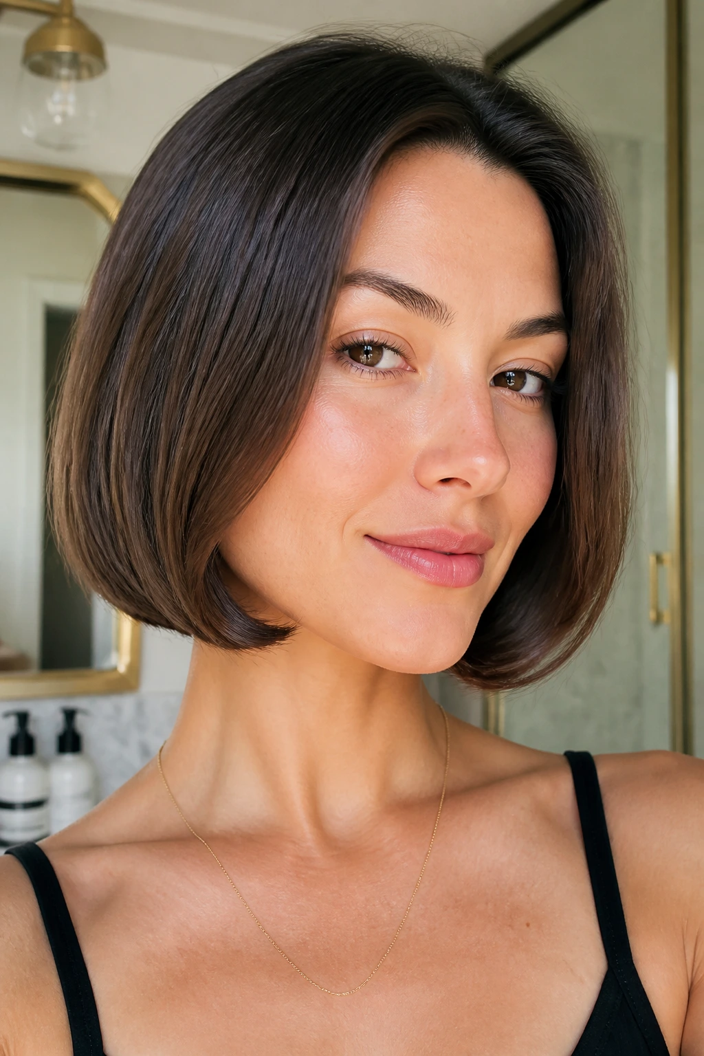 Close-up portrait of a real woman with a polished bob and soft flip-under in a bright room.