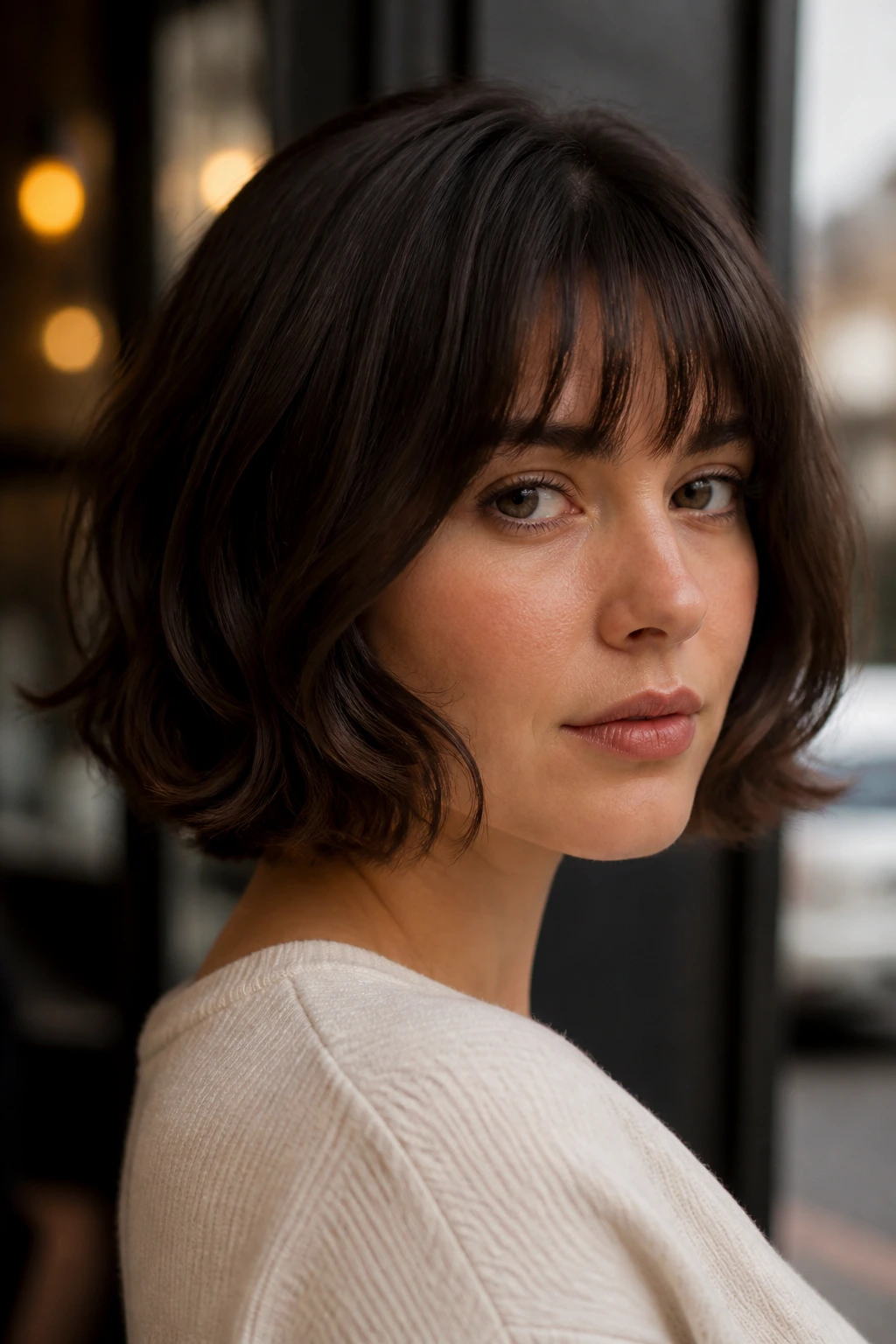 Portrait of a real woman with Polished Bob With Soft Bend and Fringe in an urban window setting