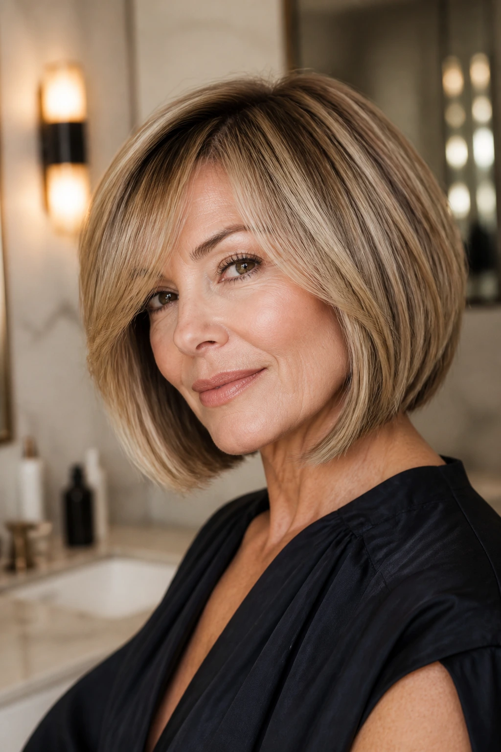Portrait of a woman with a sleek, polished bob