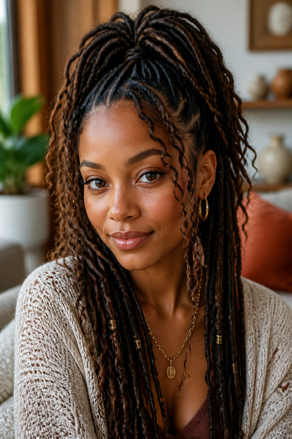 Close-up portrait of a real woman with goddess locs showing a polished bohemian look