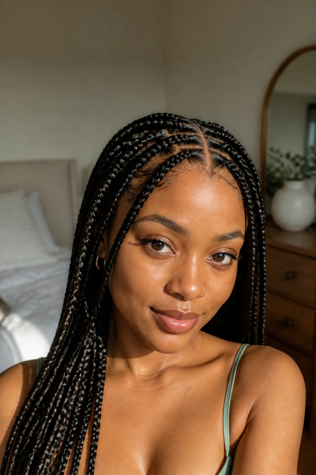 Close-up portrait of a woman with polished box braids in a sunlit bedroom