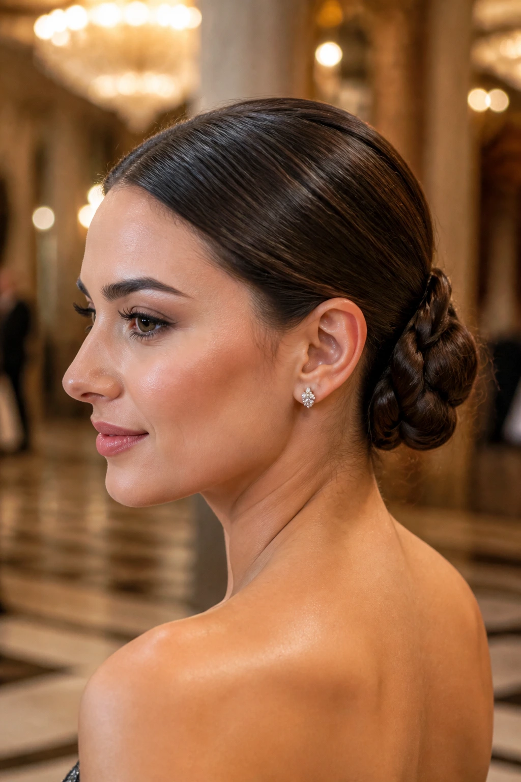 Close-up of a real woman with a polished braided bun