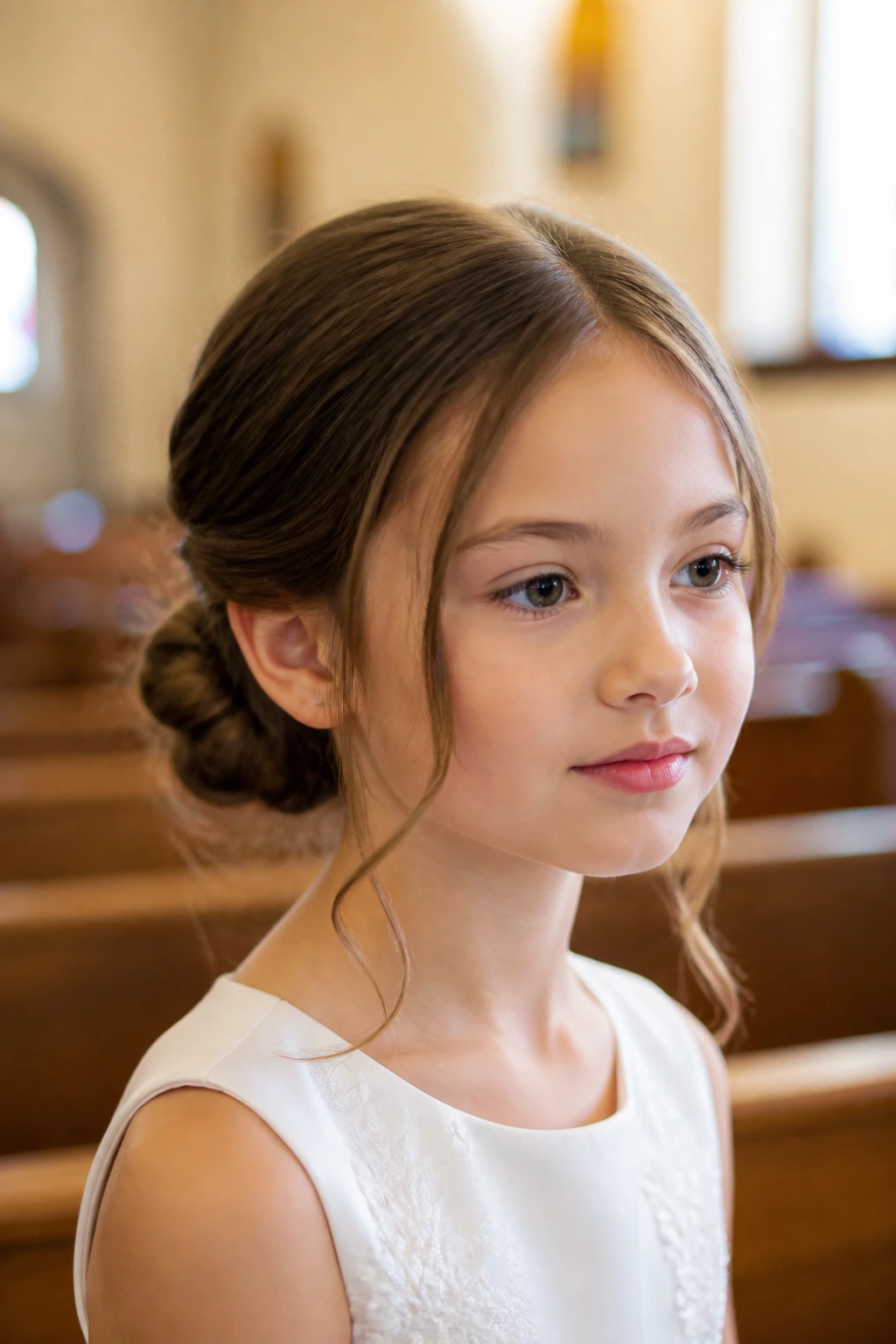 Close-up of a real child wearing a polished low bun with face-framing curls in a church setting