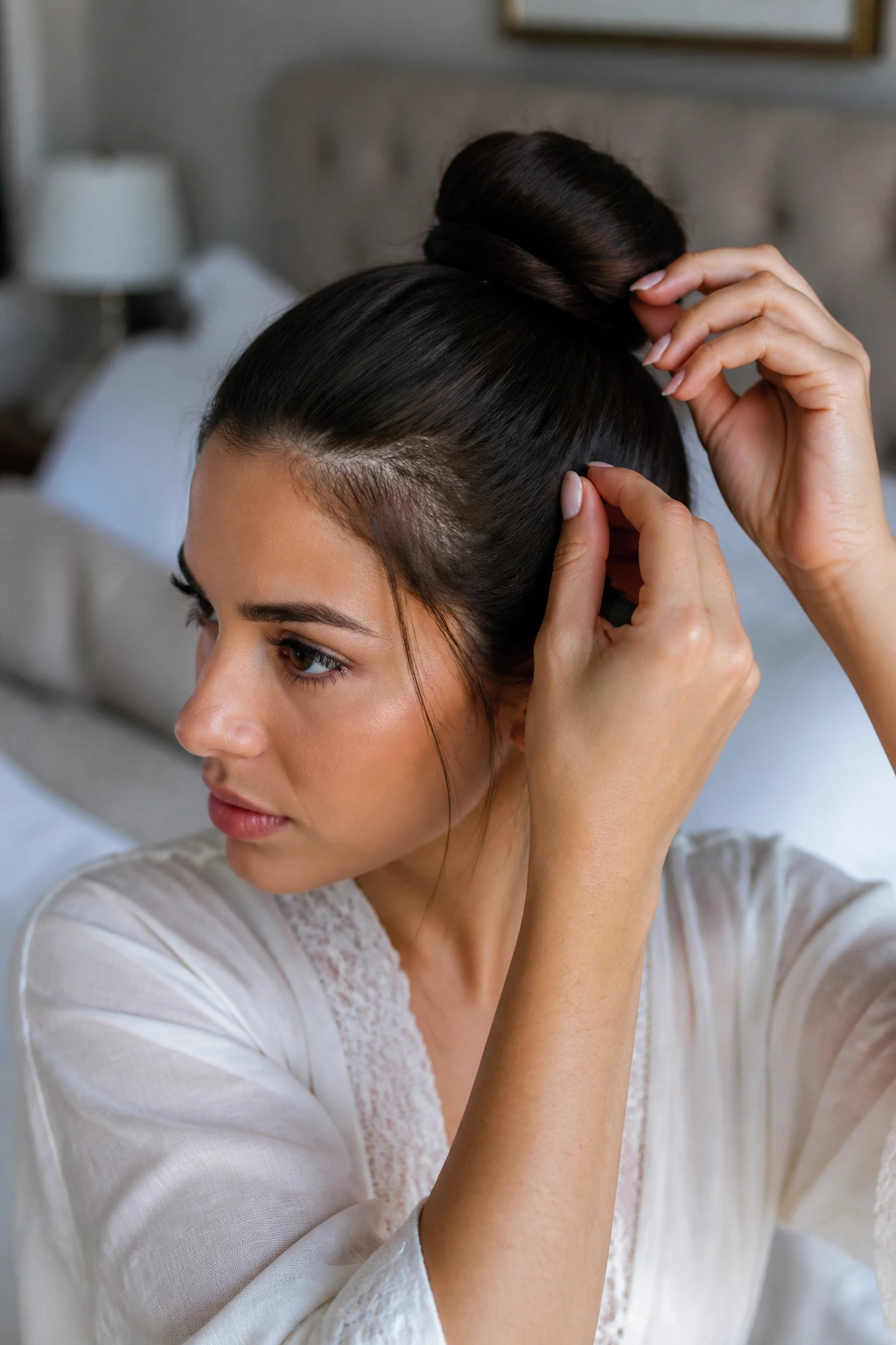 Close-up of a real woman’s polished bun being finished with a light touch to smooth flyaways in natural window light.