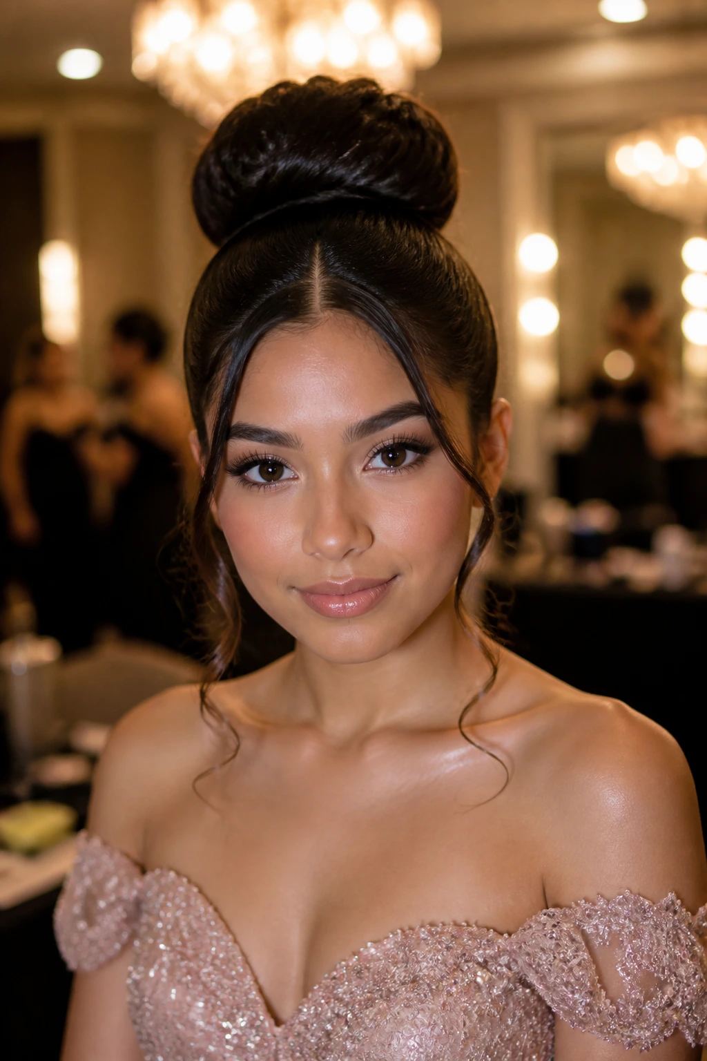 Close-up portrait of a real woman with High Polished Bun And Face-Framing Tendrils.