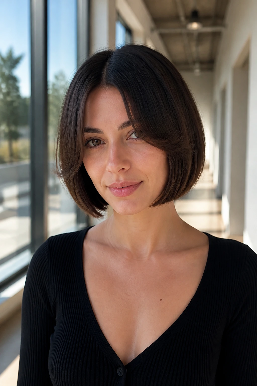 Portrait of a real woman with a polished center-part bob and curtain fringe.