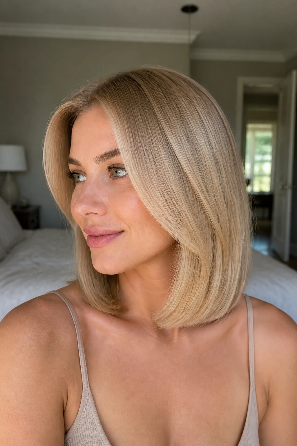 Portrait of a real woman with collarbone-length polished champagne blonde.