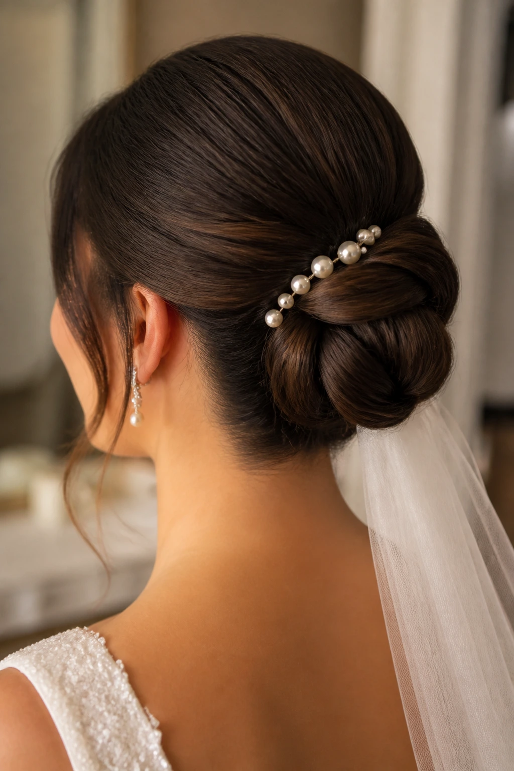 Close-up of polished chignon with pearl pins