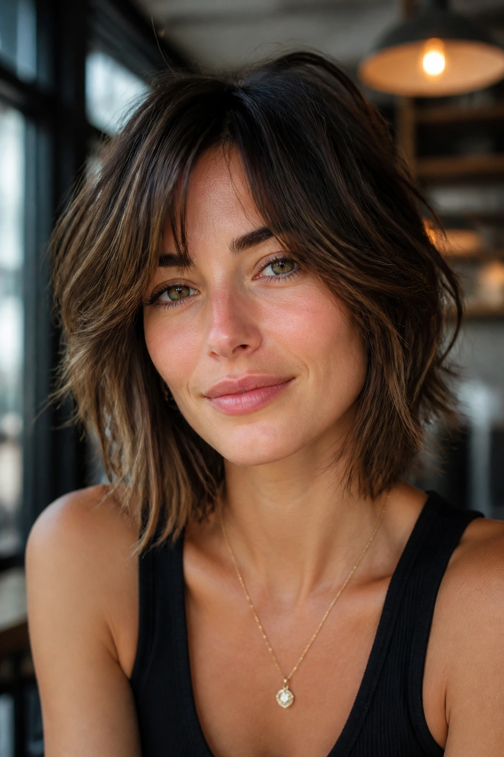 Front view portrait of a woman with a polished, choppy face-framing cut.