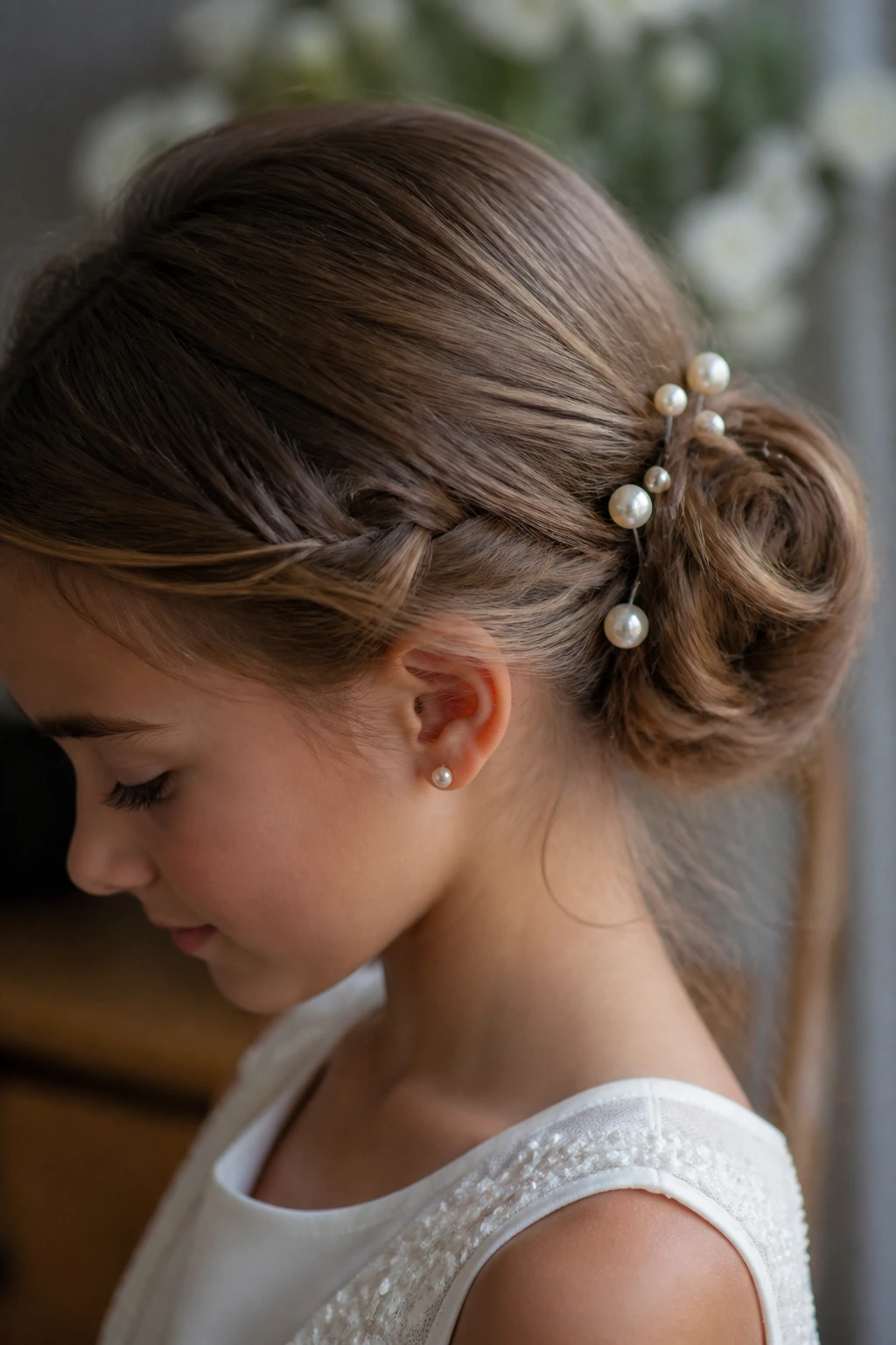 Close-up of a pearl-pinned chignon on a child