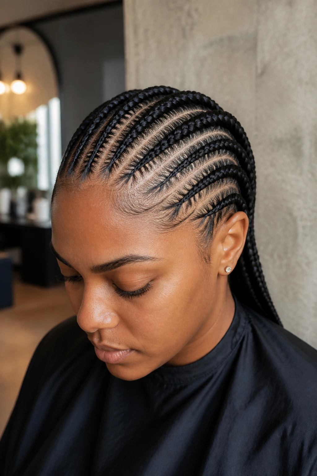 Close-up of polished cornrows on a real person in a salon.
