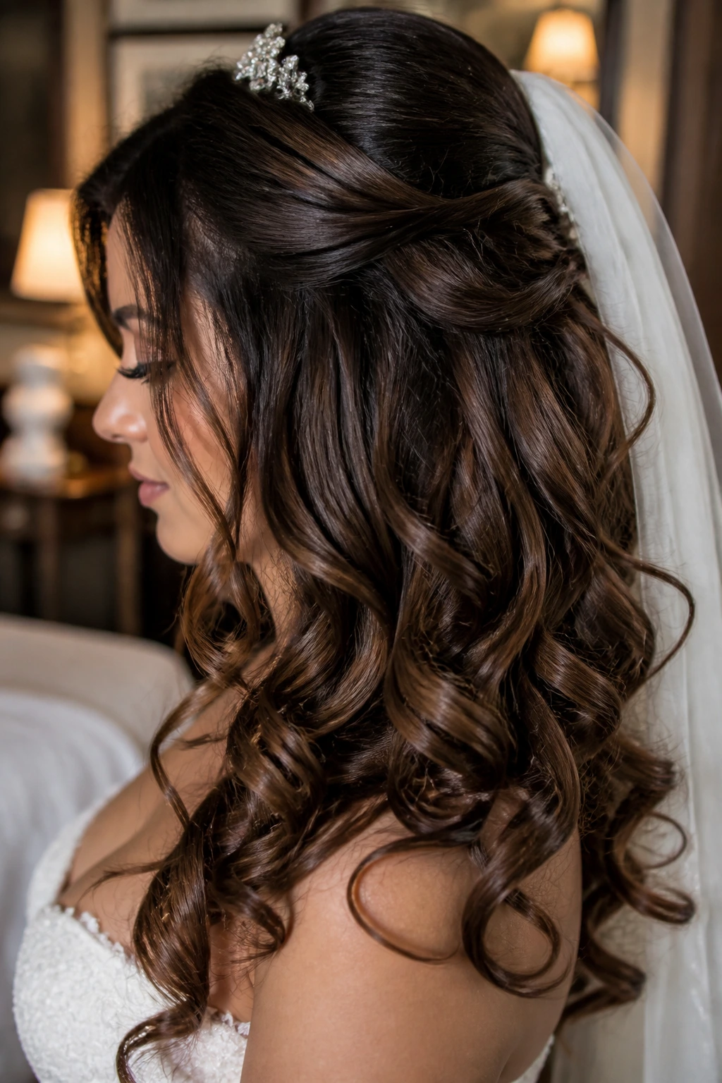 Bride with polished curls and veil-ready density anchored by extensions