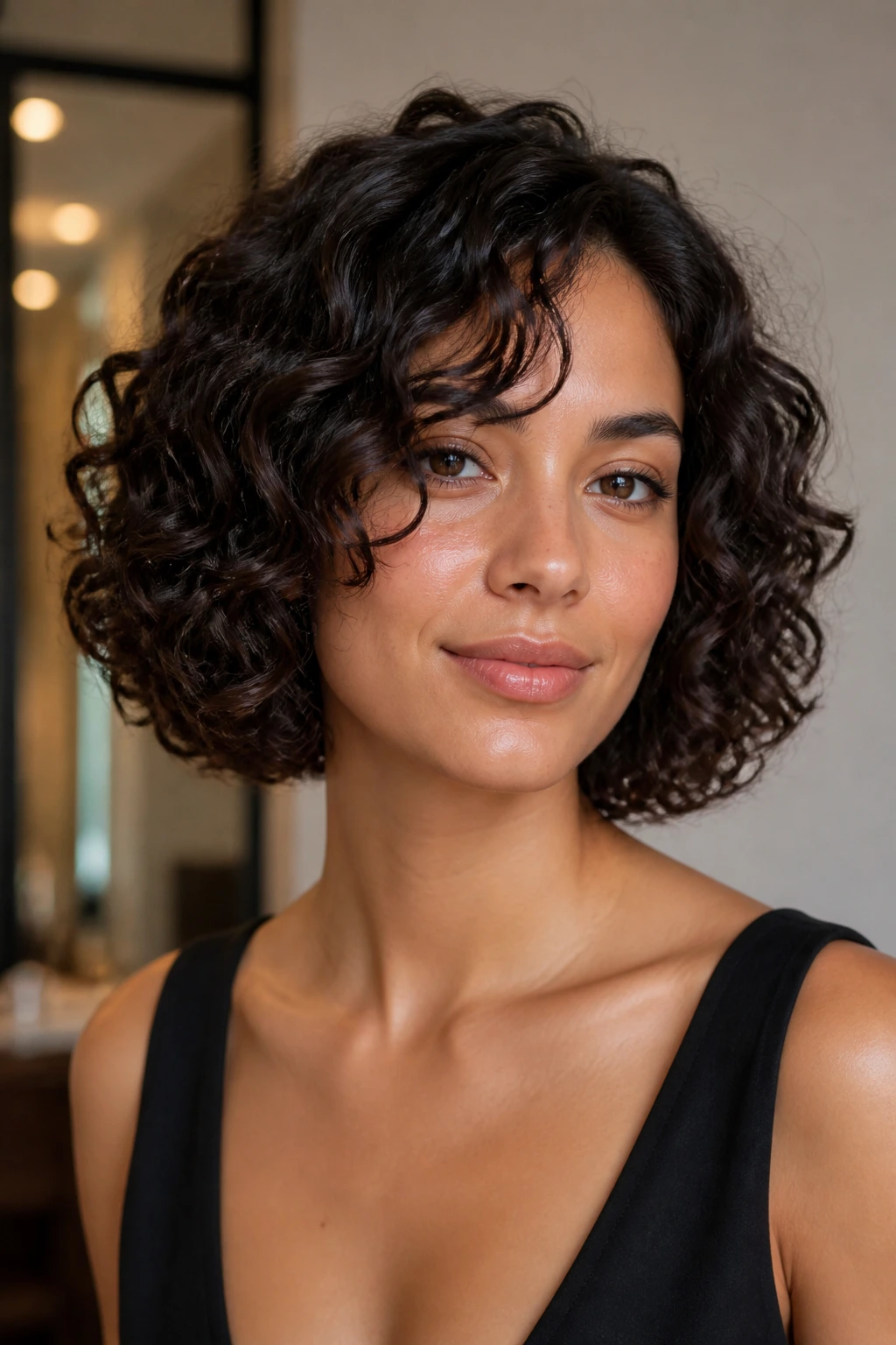 Close-up of a real person with a glossy polished curly bob