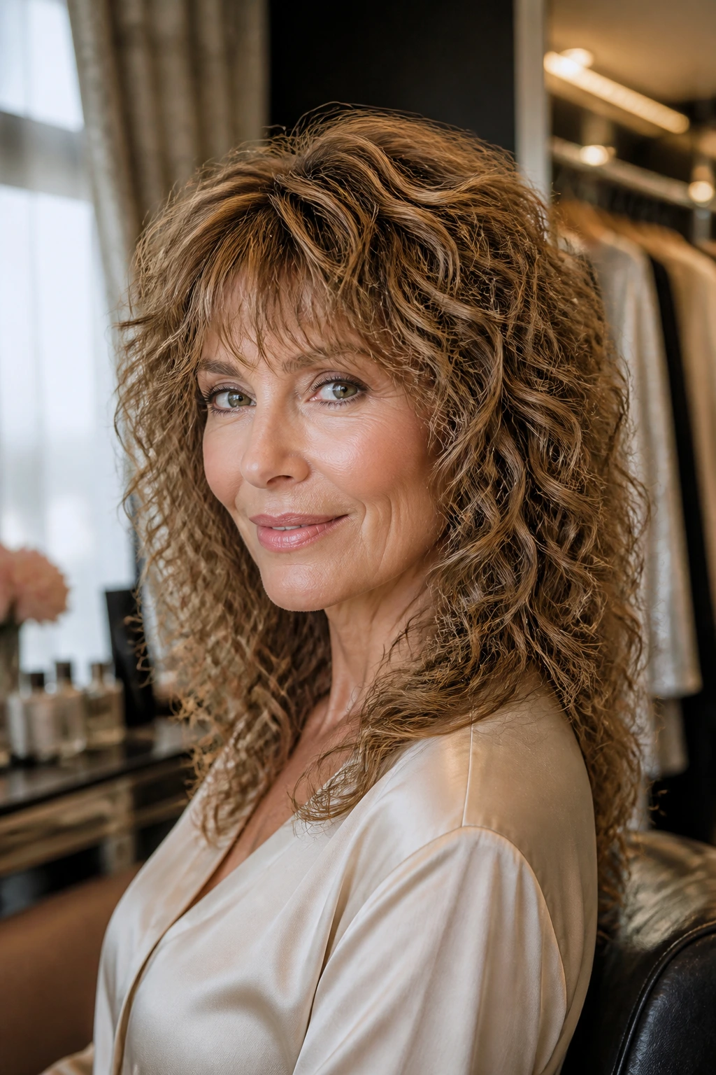 Close-up portrait of a real woman with a polished curly shag in a chic dressing room.