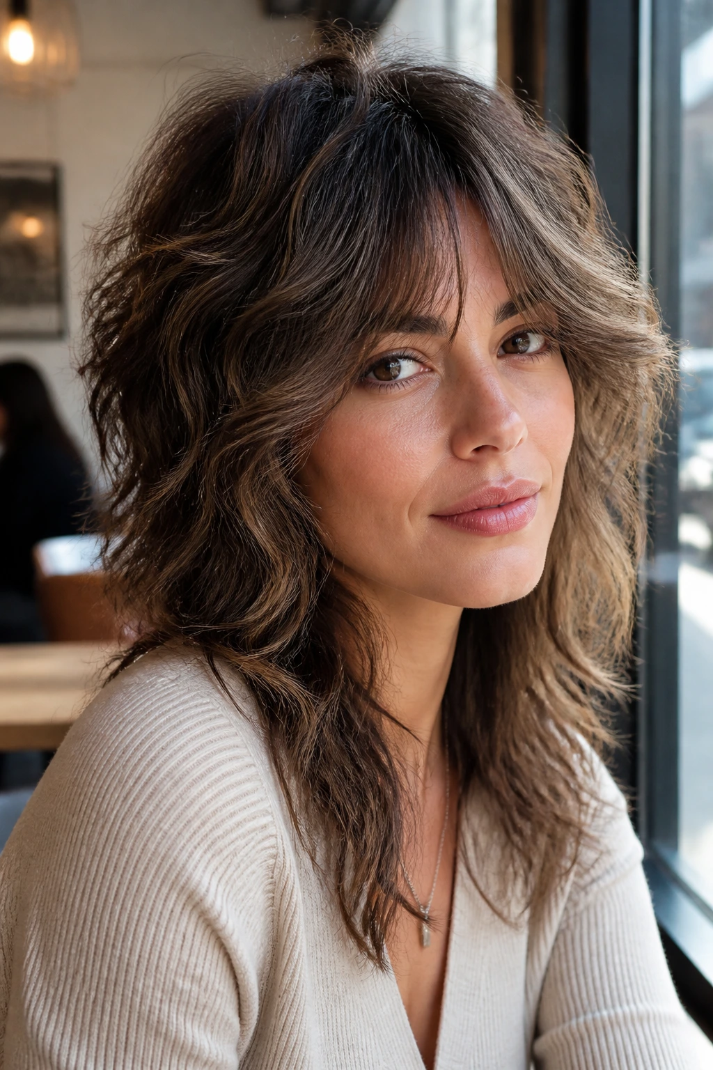 Close-up of a real woman with polished curtain shag and long fringe