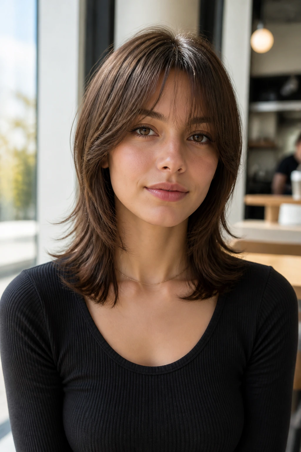 Close-up portrait of a real person with polished curtain bangs wolf haircut in a bright cafe