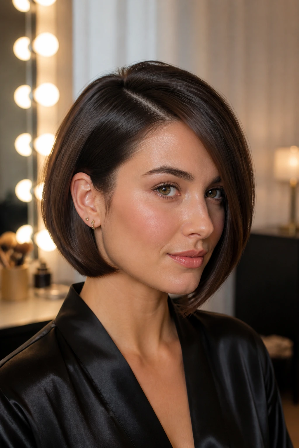 Real person with a polished deep side-part bob, sleek and shiny