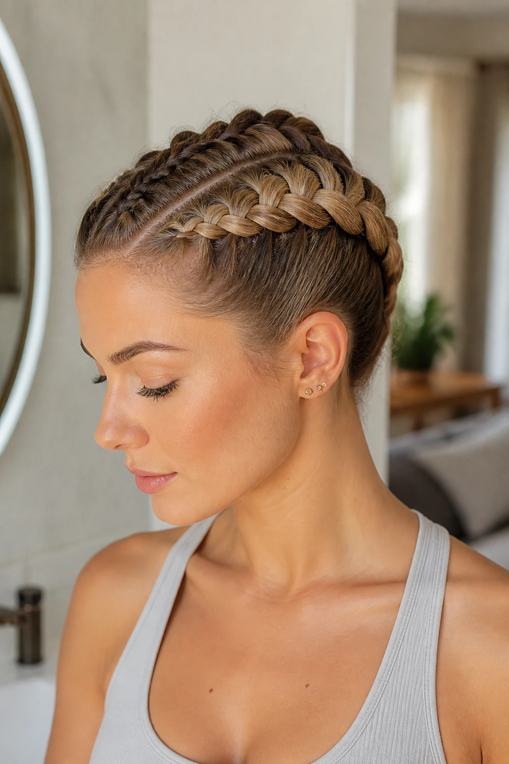Real person with a polished, neat Dutch braid finish.