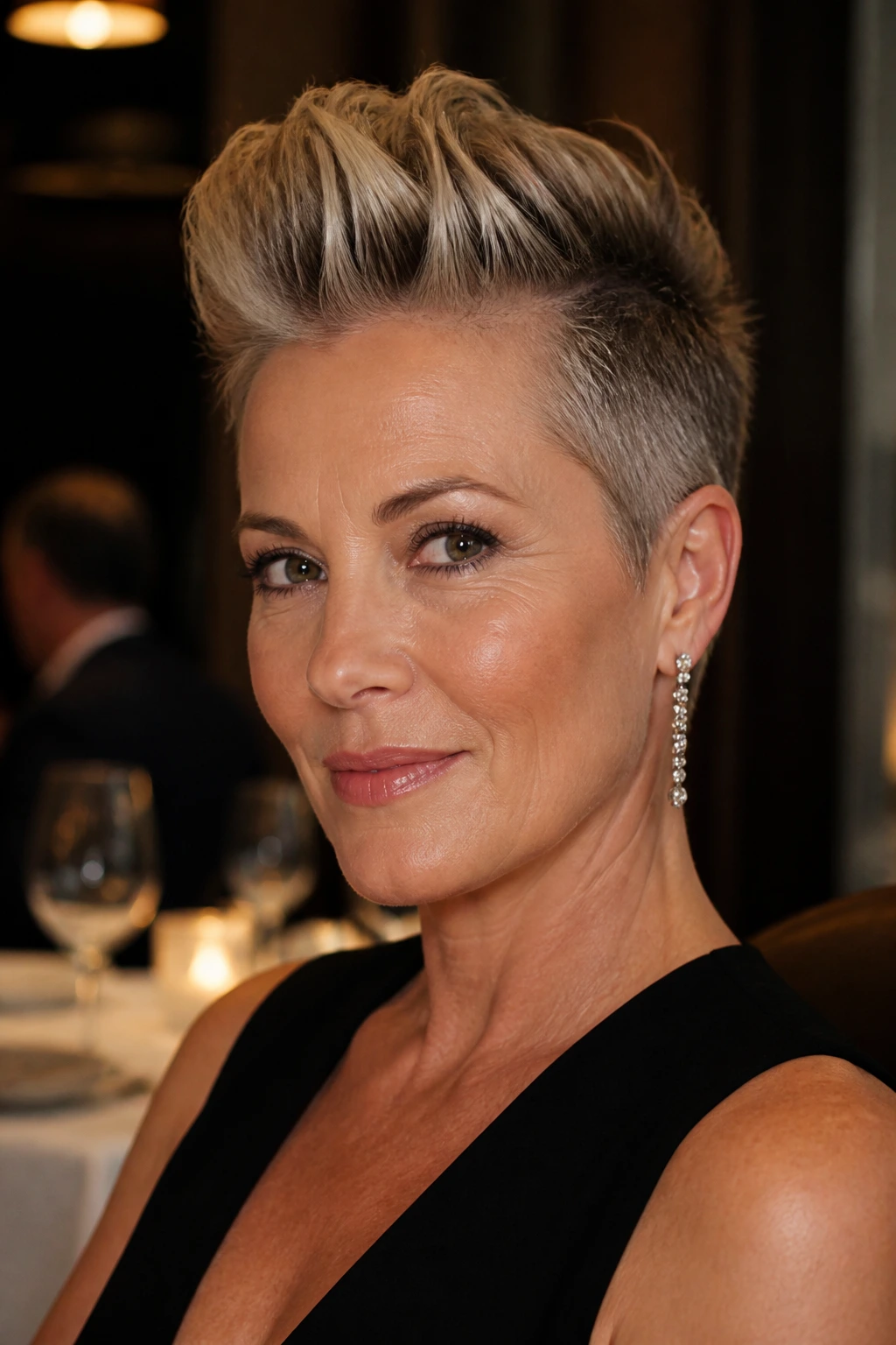 Portrait of a real woman with polished evening faux hawk, defined ridge and sleek sides in warm lighting.