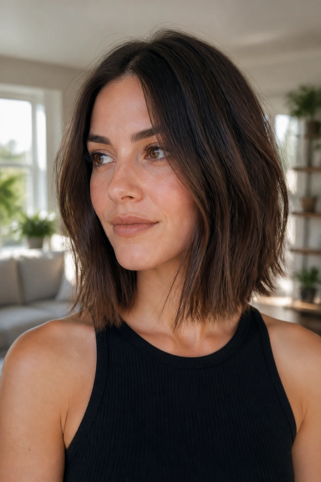 Close-up portrait of a real woman with polished everyday lob ends