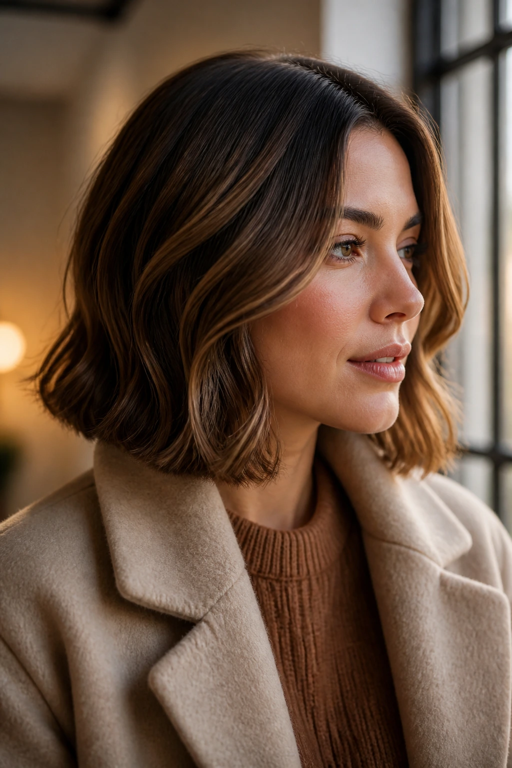 Close-up portrait of a real woman with a polished fall hairstyle, clean part and smooth crown in autumn light